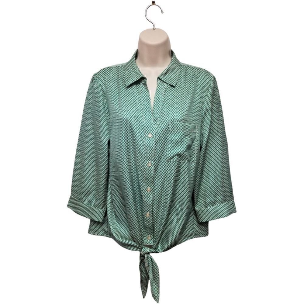 THE LIMITED With Tie Waist Abstract Green Size Large 3/4 Sleeve Casual Shirt
